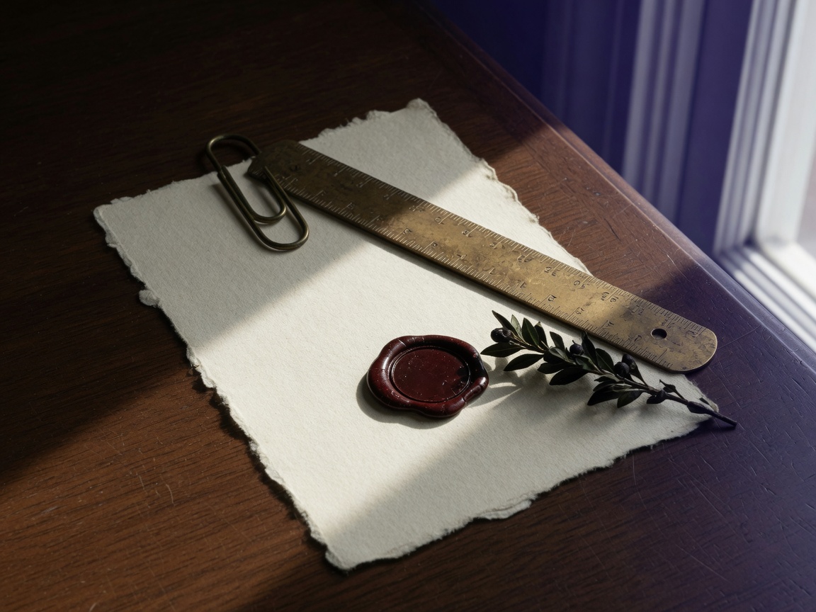Cream rag paper, a brass ruler, oxblood wax seal, and greenery on a dark walnut desk.